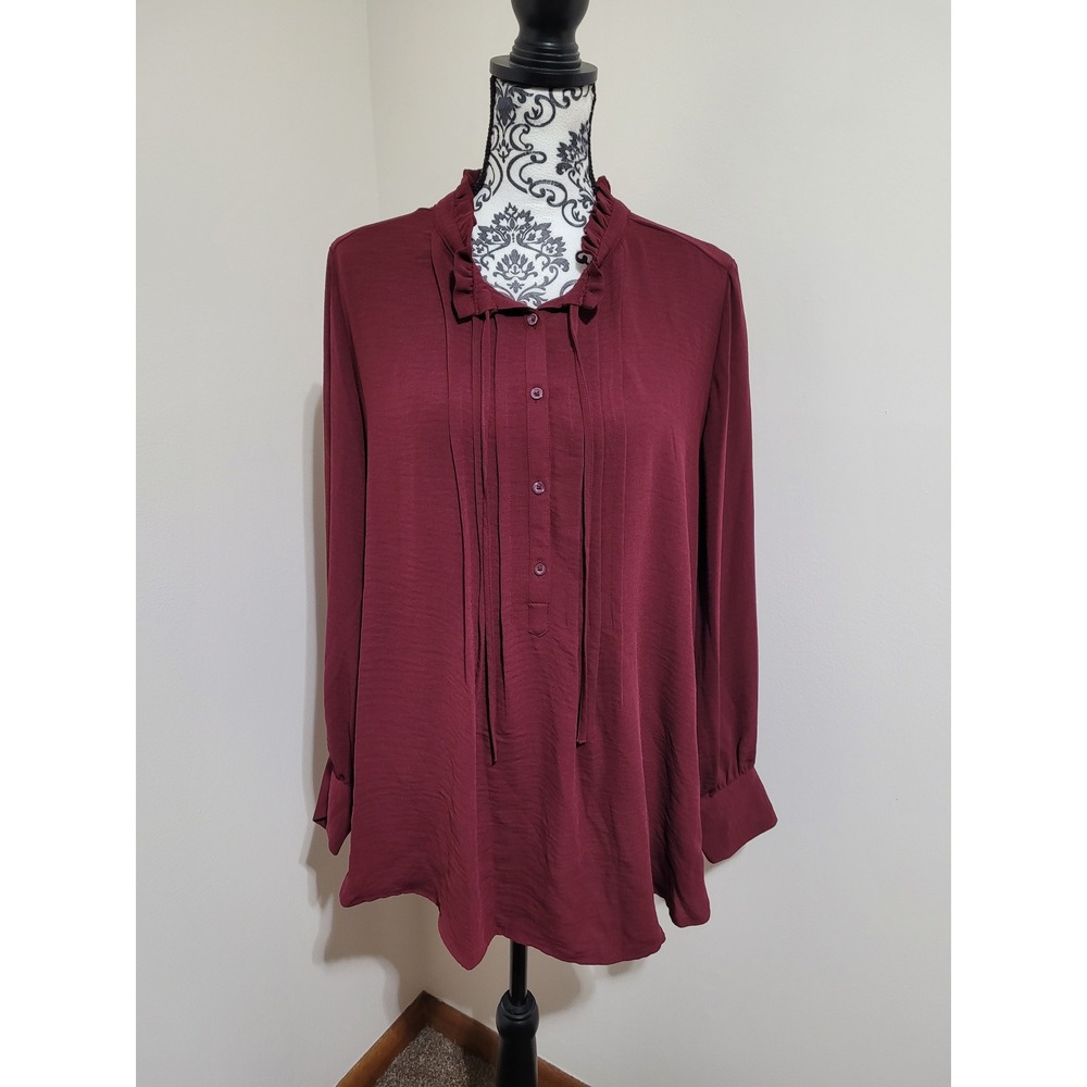 Simply Vera Vera Wang Blouse Womens XL Burgundy Tie‎ Neck Ruffle Long Sleeve